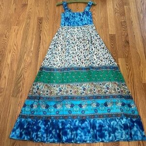 NWT Chaudry KC Maxi Dress SMALL Blue Green Gypsy Bohemian Smocked Tiered Cotton